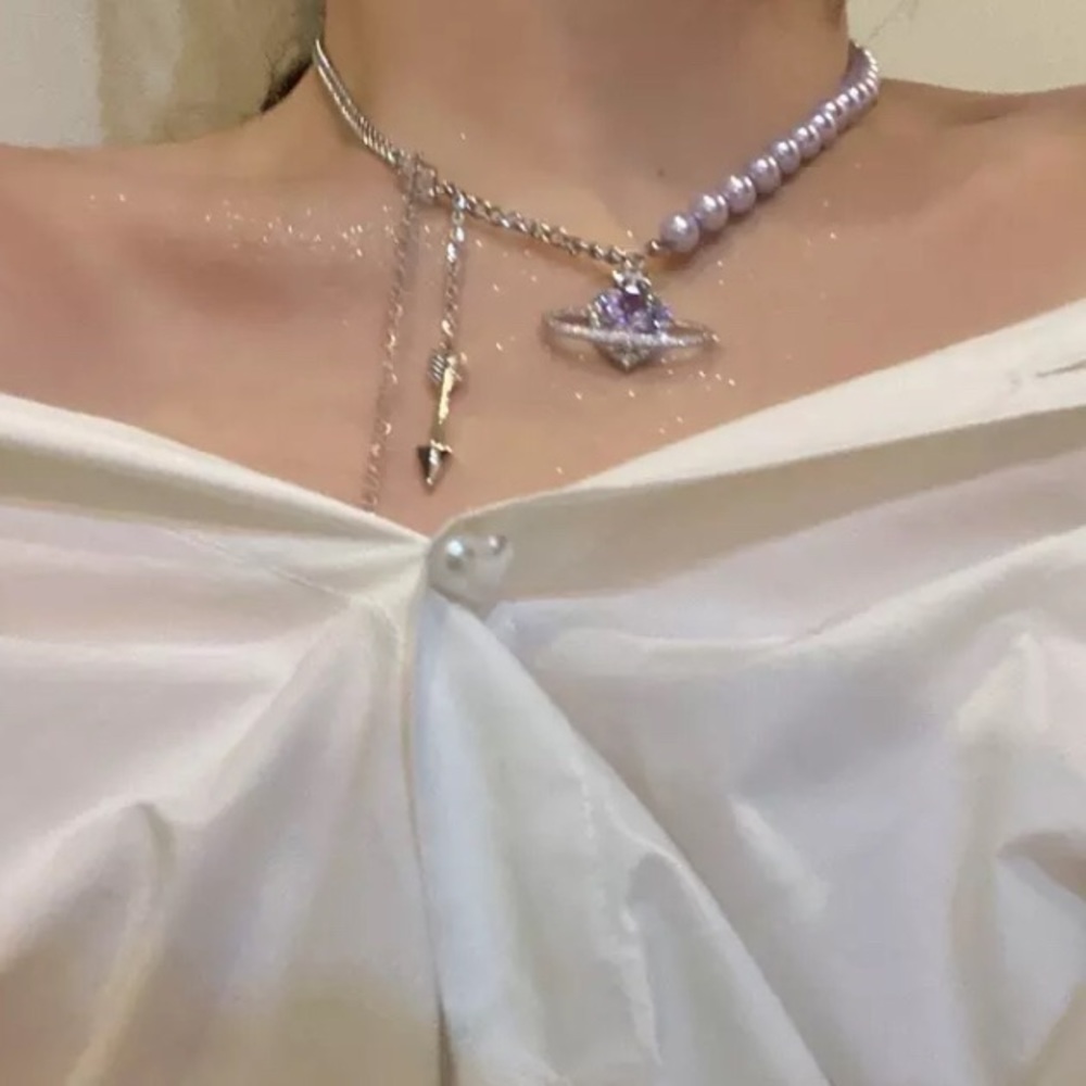 Pearl Purple Beads Choker Necklace